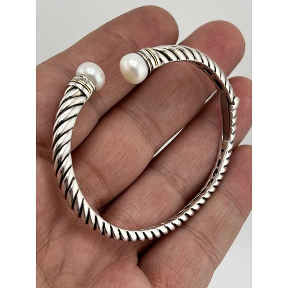 EFFY Sterling Silver 18k Yellow Gold Twisted Pearl Hinged Cuff Bracelet - Picture 1 of 16